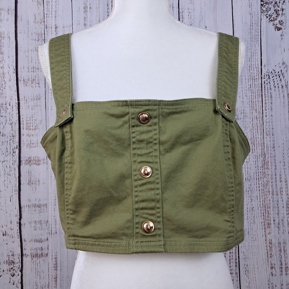 Michael Kors XL Smoky Olive Green Button Front‎ Crop Top Gold Buttons &Zip